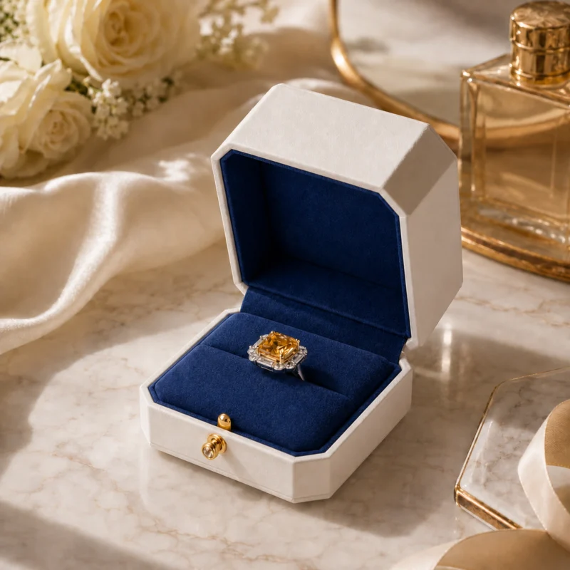 White and navy engagement ring box styled on a warm marble tabletop