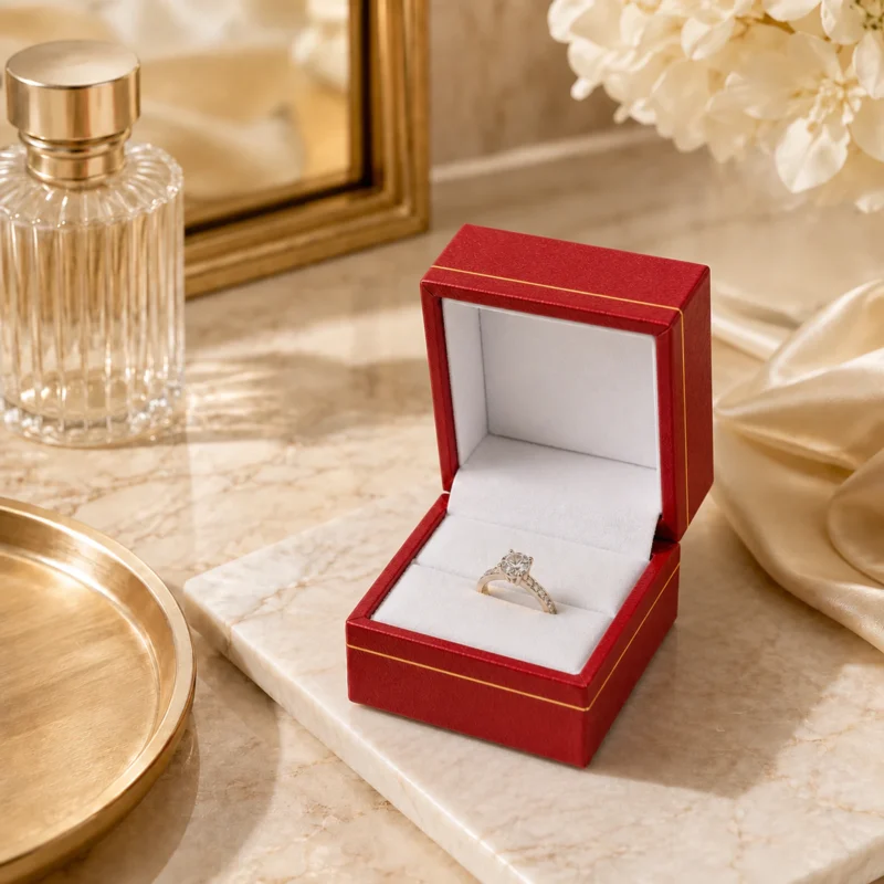 Open square red leather ring box in a warm premium jewelry presentation scene