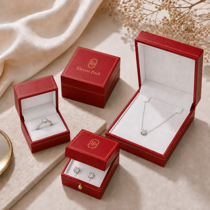 Coordinated red leather jewelry box family with square ring box and gold trim details