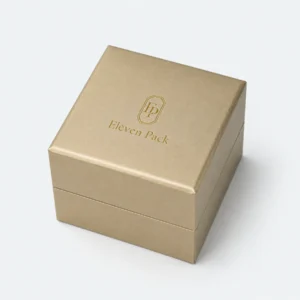 custom champagne gold pu leather ring box image 02 closed JB-BM-05-P23 Closed champagne gold PU leather ring box with centered gold logo