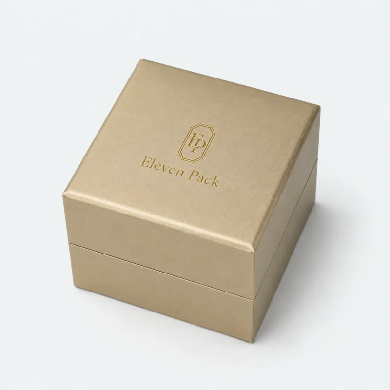 custom champagne gold pu leather ring box image 02 closed JB-BM-05-P23 Closed champagne gold PU leather ring box with centered gold logo