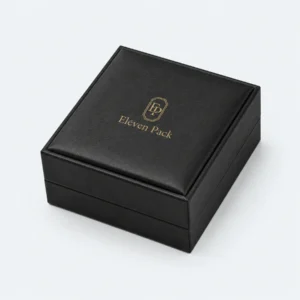 custom black pu leather necklace box image 02 closed JB-BM-05-P24 Closed black PU leather necklace box with gold ElevenPack logo on the lid top