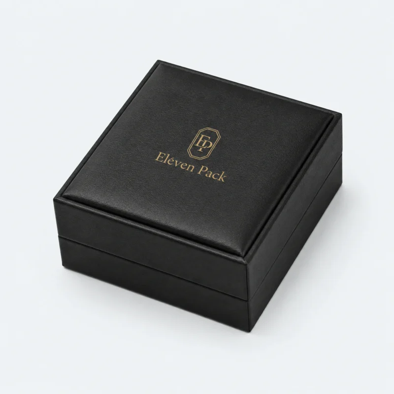 custom black pu leather necklace box image 02 closed JB-BM-05-P24 Closed black PU leather necklace box with gold ElevenPack logo on the lid top