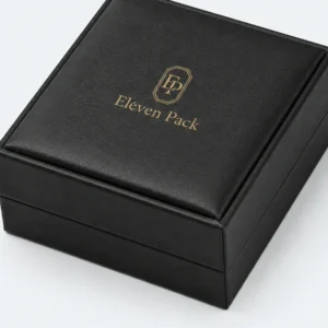 custom black pu leather necklace box image 04 black pu logo finish JB-BM-05-P24 Gold ElevenPack logo finish on the outer lid of a black PU leather jewelry box