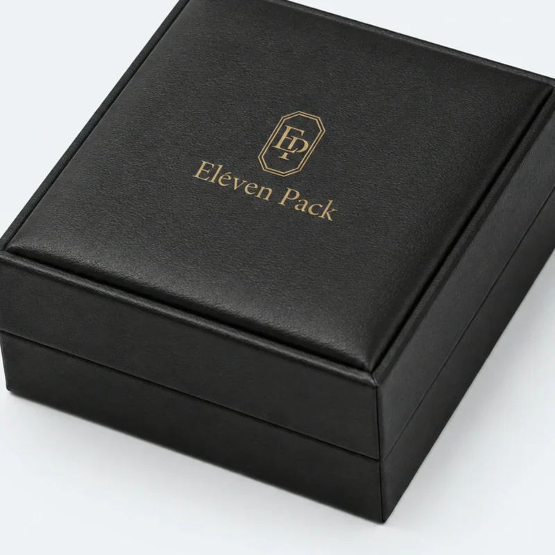 custom black pu leather necklace box image 04 black pu logo finish JB-BM-05-P24 Gold ElevenPack logo finish on the outer lid of a black PU leather jewelry box