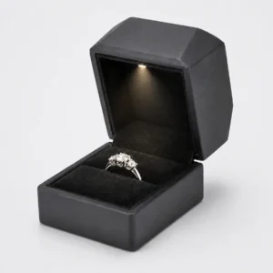 custom black pu leather led ring box image 01 main open JB-BM-10-P3 Open black PU leather LED ring box with illuminated ring and blank inner lid