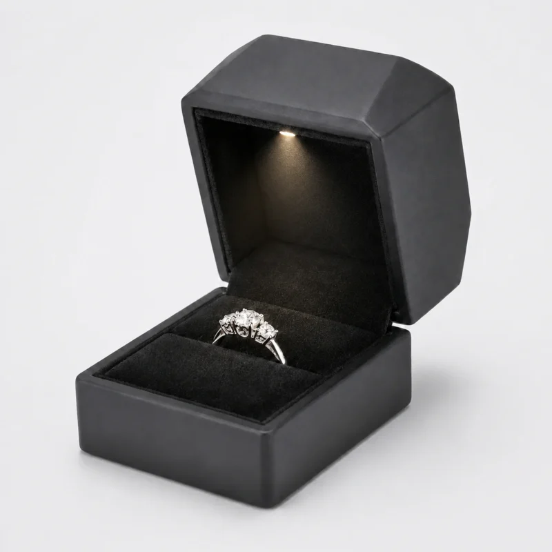 custom black pu leather led ring box image 01 main open JB-BM-10-P3 Open black PU leather LED ring box with illuminated ring and blank inner lid