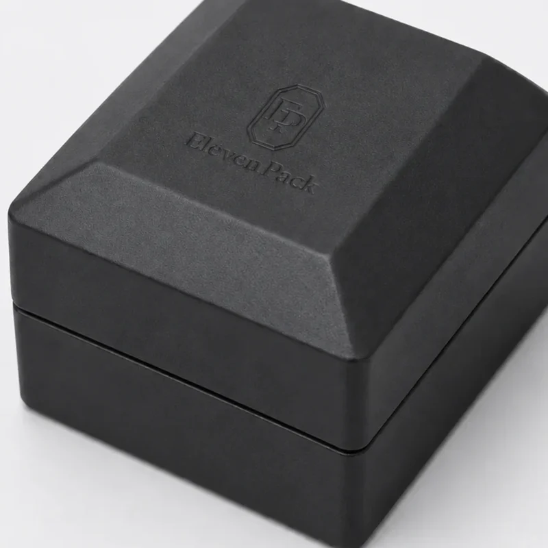 custom black pu leather led ring box image 04 faceted pu finish JB-BM-10-P3 Close-up of black PU leather grain, faceted lid plane and closed seam