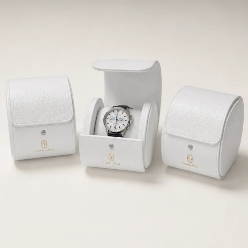 Coordinated white leather watch boxes shown open and closed