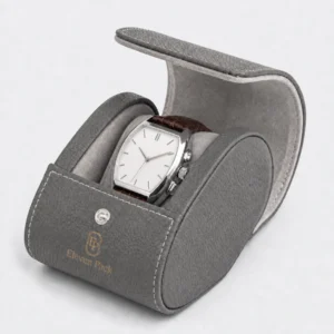 Custom Gray Leather Vintage Watch Box Image 01 Main Open - JB-BM-03-P20 Open gray leather travel watch box with realistic white baton-marker watch dial