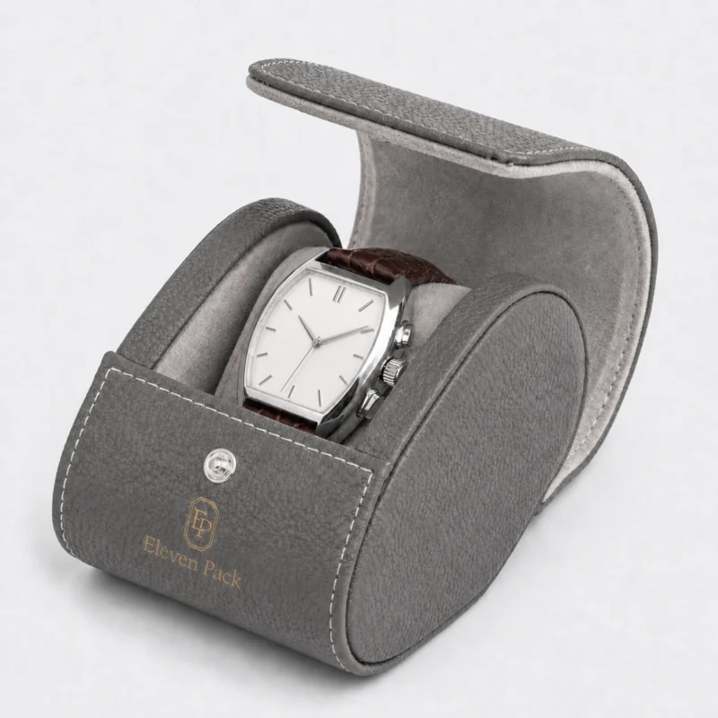 Custom Gray Leather Vintage Watch Box Image 01 Main Open - JB-BM-03-P20 Open gray leather travel watch box with realistic white baton-marker watch dial
