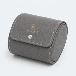 Custom Gray Leather Vintage Watch Box Image 02 Main Closed - JB-BM-03-P20 Closed gray leather travel watch box with stitched flap and gold logo