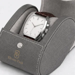 Custom Gray Leather Vintage Watch Box Image 03 Insert Retention Detail - JB-BM-03-P20 Close-up of realistic baton-marker watch secured inside a gray leather travel box