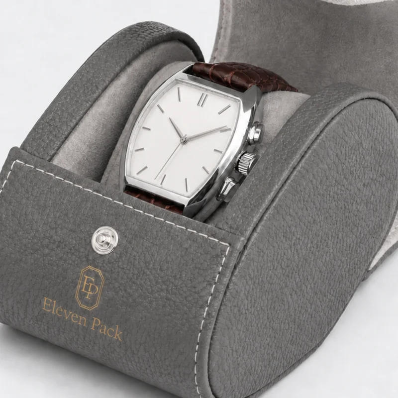Custom Gray Leather Vintage Watch Box Image 03 Insert Retention Detail - JB-BM-03-P20 Close-up of realistic baton-marker watch secured inside a gray leather travel box