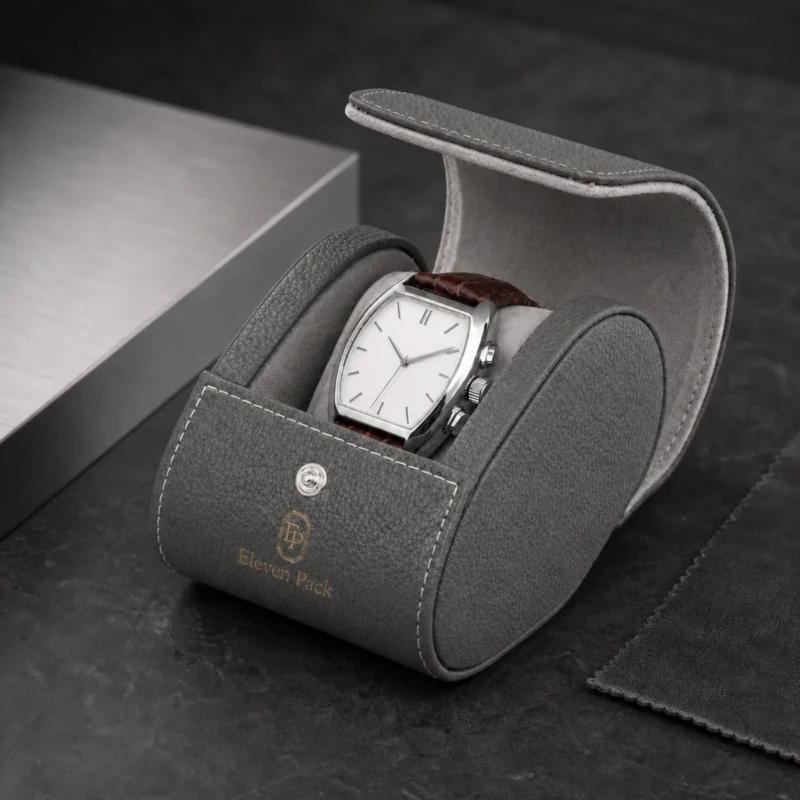 Custom Gray Leather Vintage Watch Box Image 05 Usage Scene - JB-BM-03-P20 Gray leather travel watch box with realistic analog watch in a premium retail scene