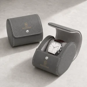 Custom Gray Leather Vintage Watch Box Image 06 Packaging System - JB-BM-03-P20 Gray leather travel watch boxes shown open and closed with realistic analog watch