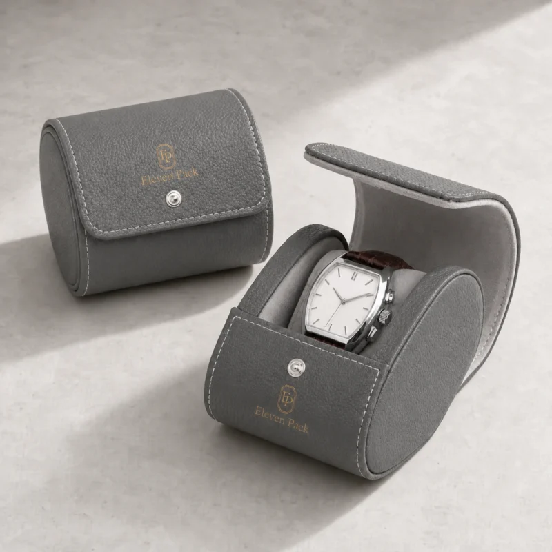 Custom Gray Leather Vintage Watch Box Image 06 Packaging System - JB-BM-03-P20 Gray leather travel watch boxes shown open and closed with realistic analog watch