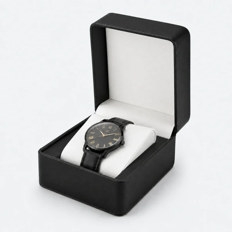 Open black genuine leather watch box with pale padded cushion and blank inner lid