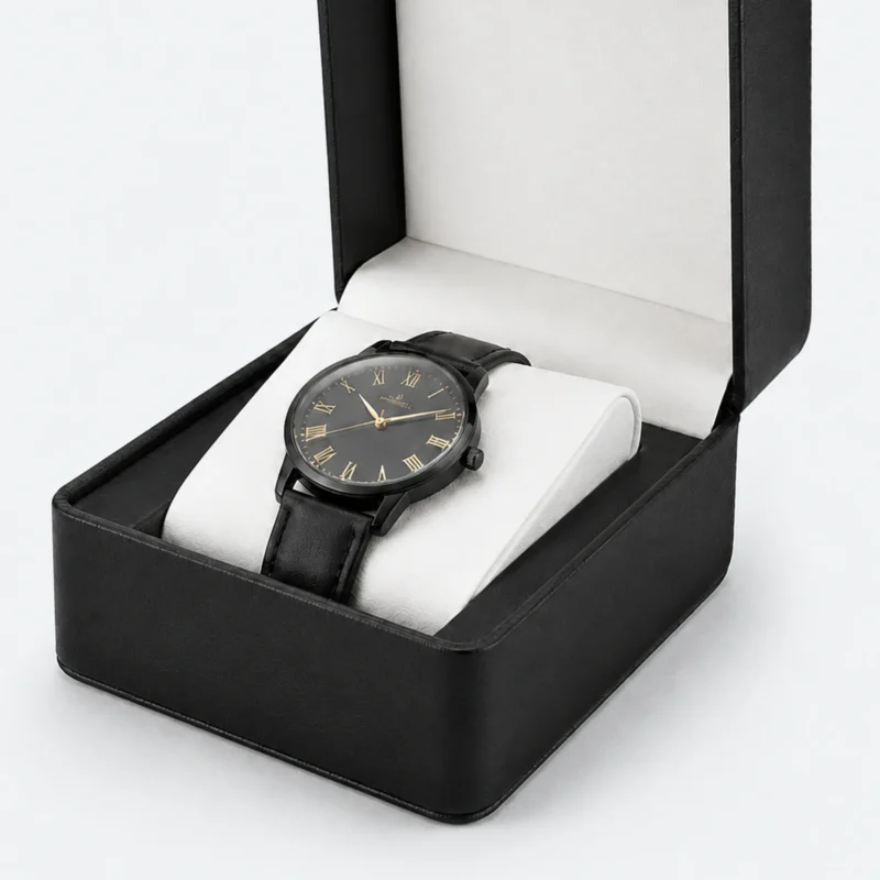 Close-up of the watch cushion and fitted interior in a black leather box
