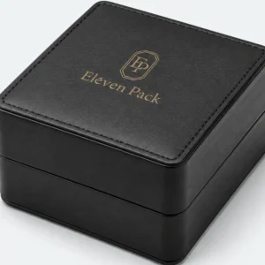 Black genuine leather watch box detail with stitching and gold foil branding