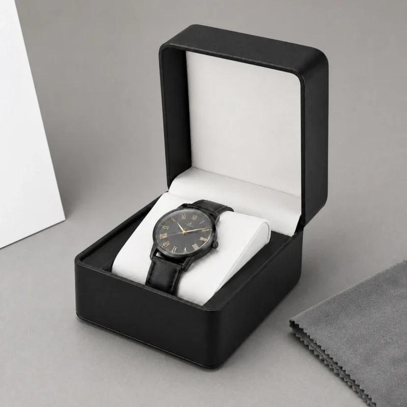 Black watch presentation box displayed in a minimalist studio setting