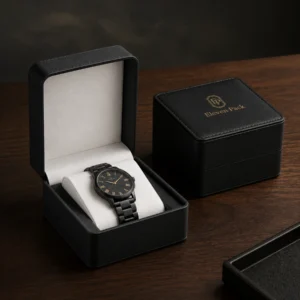 Matching black leather watch boxes arranged open and closed on dark wood