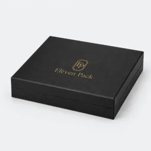 Closed black necklace box with gold ElevenPack logo on the outer lid top