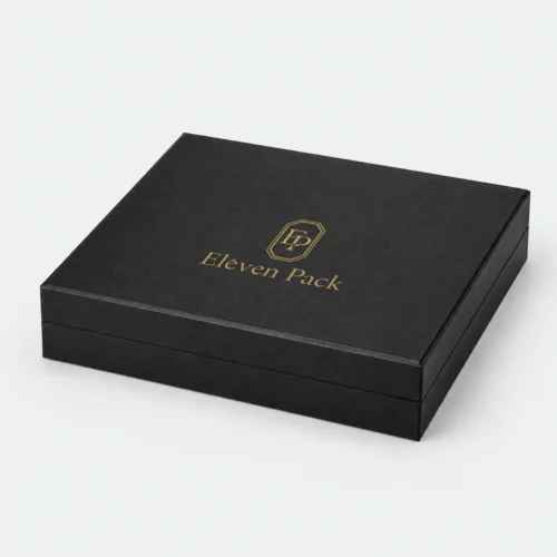 Closed black necklace box with gold ElevenPack logo on the outer lid top