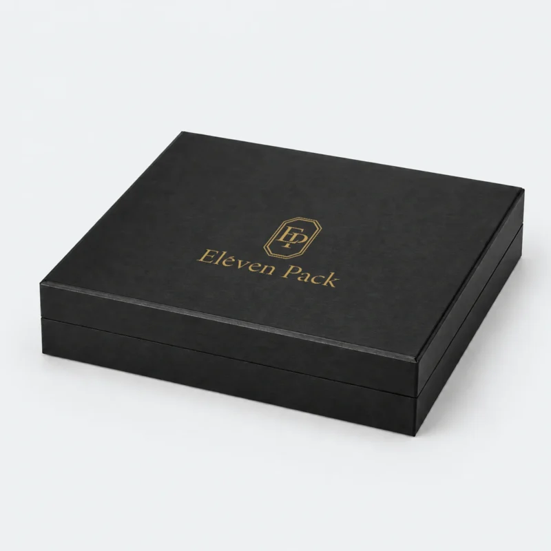 Closed black necklace box with gold ElevenPack logo on the outer lid top