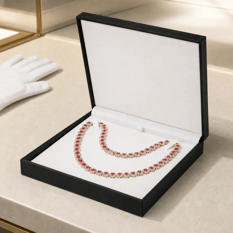 Open black necklace box displayed in a premium jewelry retail counter scene