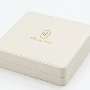 Close-up of white leather finish, stitched lid edge and gold branding