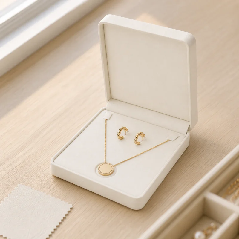 White jewelry set presentation box displayed in a light retail cabinet