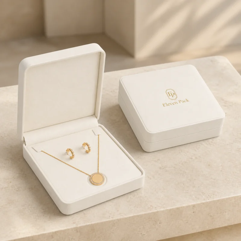 Matching white jewelry set boxes shown open and closed on cream stone