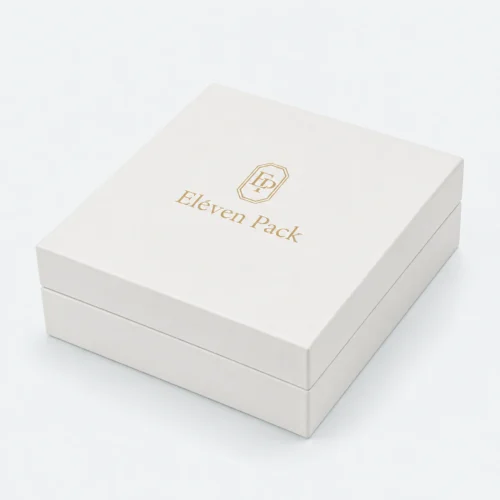 Closed white PU leather necklace box with gold Eleven Pack logo