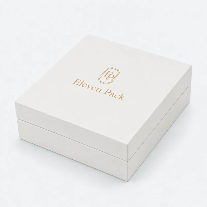 Closed white PU leather necklace box with gold Eleven Pack logo