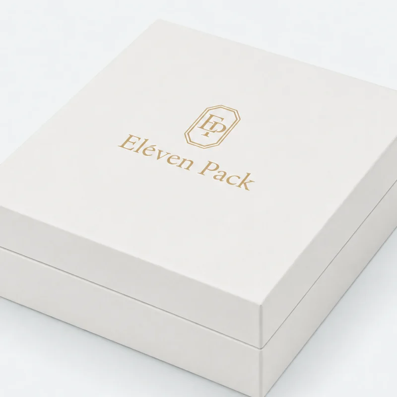 Close-up of white PU leather necklace box and gold foil branding