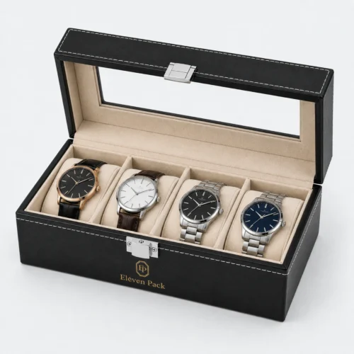 Open black four-watch organizer with beige interior, glass-window lid and centered clasp