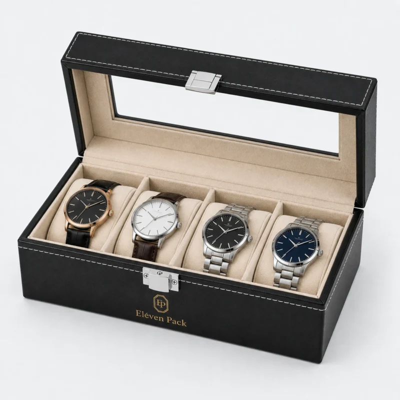 Open black four-watch organizer with beige interior, glass-window lid and centered clasp