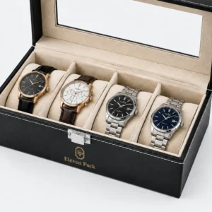 Close-up of four fitted watch pillows inside a beige-lined black organizer box
