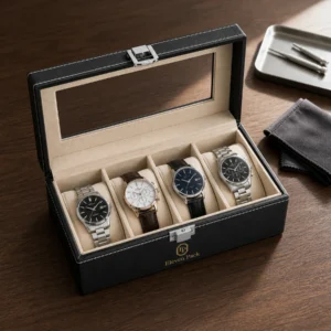 Open black four-watch organizer displayed on a warm wood dressing table