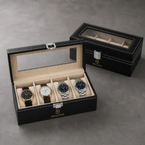 Black four-watch organizer shown open and closed as a matching packaging set
