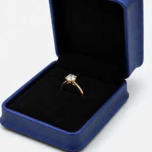 Close-up of a ring held in the short slit of the flat black insert