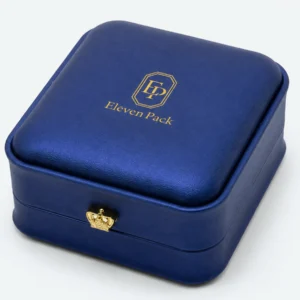 Blue PU leather ring box detail showing grain, crown clasp and gold branding