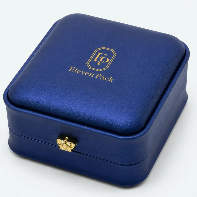 Blue PU leather ring box detail showing grain, crown clasp and gold branding