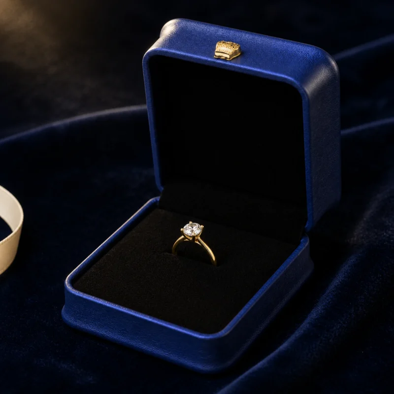 Blue ring presentation box displayed on dark blue velvet