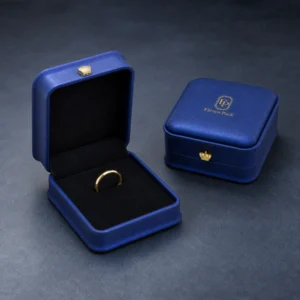 Matching blue ring boxes shown open and closed on a blue-gray surface