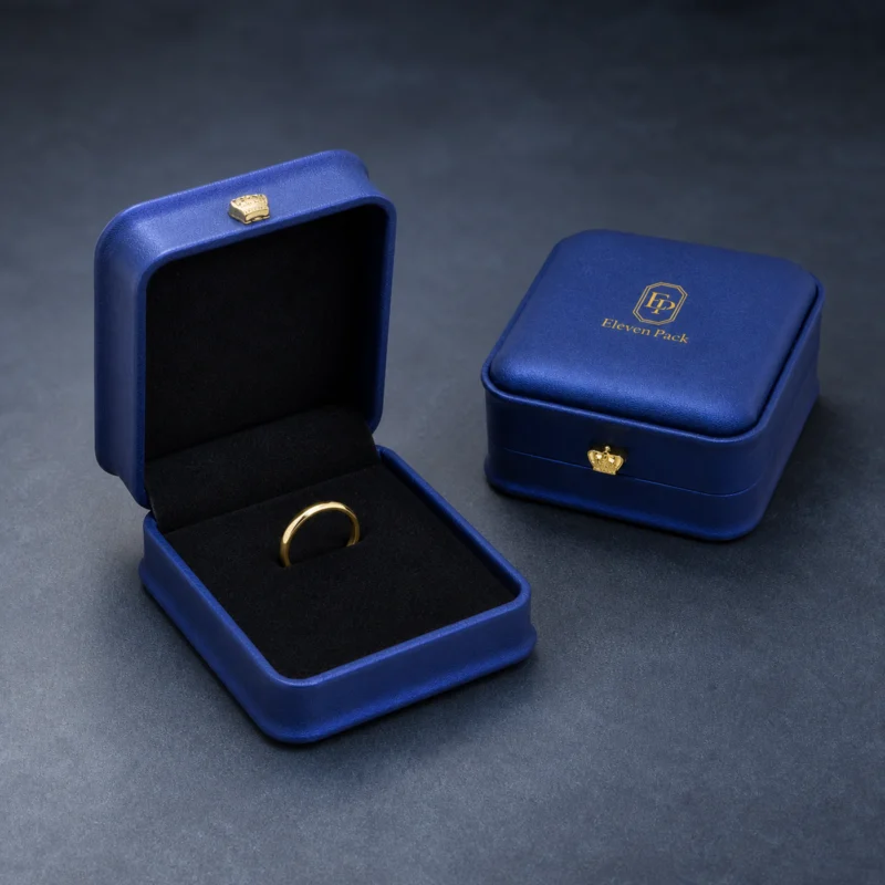 Matching blue ring boxes shown open and closed on a blue-gray surface