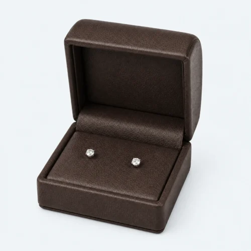 Brown Genuine Leather Earring Box - Main Open Open brown genuine leather earring box with stud earrings displayed inside