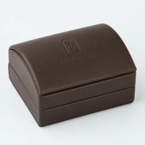 Closed brown genuine leather earring box in an angled product view
