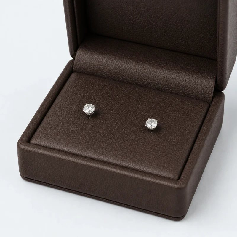 Brown genuine leather earring box showing the earring retention detail